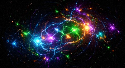 Fototapeta premium A vibrant, abstract network of colorful glowing energy tendrils and sparks swirling in the darkness.
