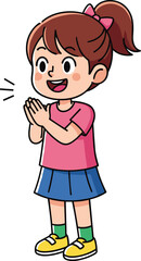 Happy cartoon girl clapping hands, smiling child character in colorful outfit, joyful kid illustration isolated on white background for education design.