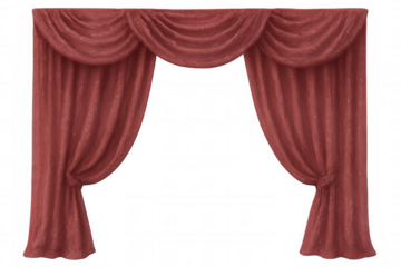 Luxurious red curtains draping gracefully, revealing translucent backdrop with theatrical elegance