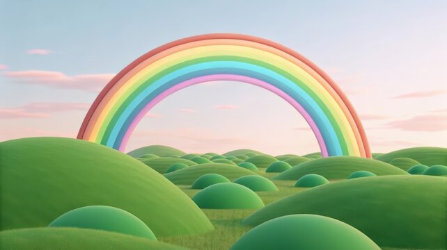 A pastel rainbow arches over soft green rolling hills under a pale pink sky