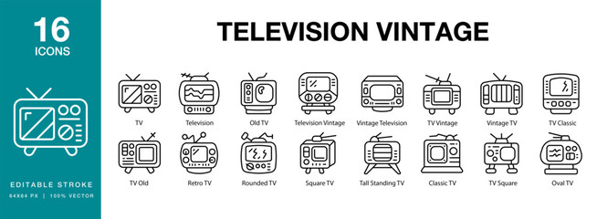 Television Vintage icon set. Includes old, vintage, retro, television, tv, and More. Editable Stroke Icon Collection.