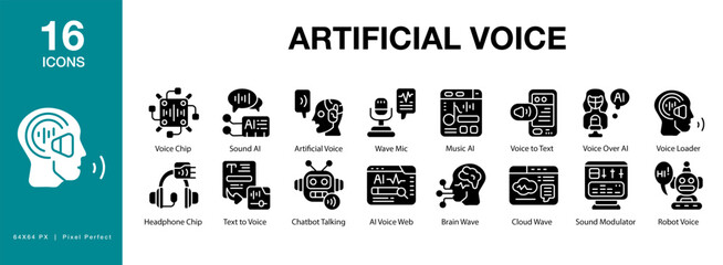 Artificial Voice icon set. Includes intelligence, music, sound, communication, and More. Solid icons vector collection.