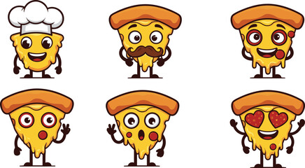 Cute cartoon pizza characters with funny expressions, emotions, and accessories, ideal for food branding, kids' menus, and playful designs.