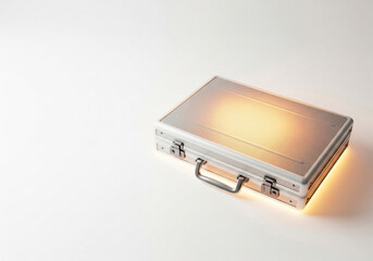 A metal suitcase with an inner glow. Space for text.