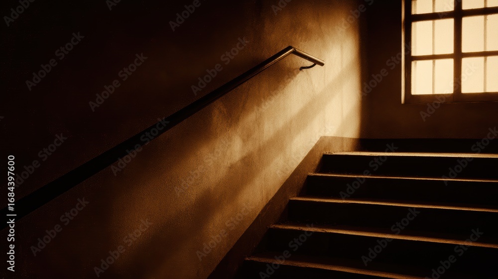 Poster warm light filtering through a window illuminates a staircase, creating shadows and a serene atmosph