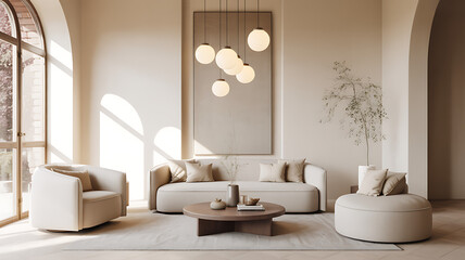 Modern living room with comfortable neutral toned furniture and elegant contemporary lighting