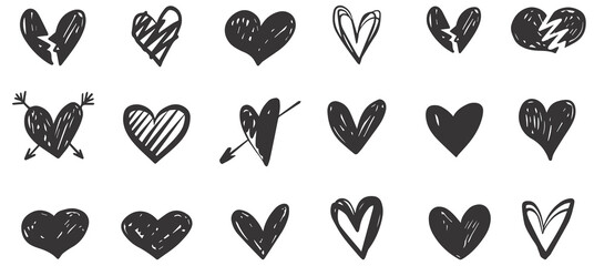 Hand drawn heart, broken hearts brush stroke graffiti style and arrows grunge sketch set collection. illustration