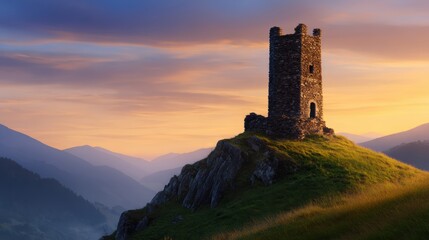Majestic stone tower atop a green hill, surrounded by rolling mountains at sunset, serene atmosphere