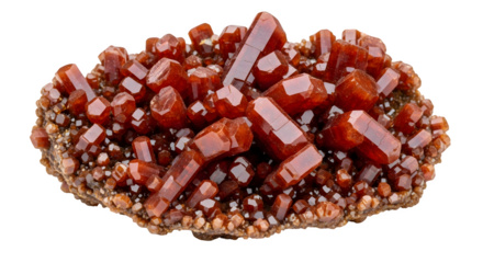 Vanadinite mineral specimen isolated on transparent background, showcasing vibrant red crystals, a rare and beautiful geological formation with hexagonal structure