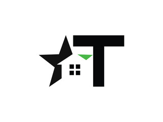 Minimalist real estate logo design featuring a modern combination of a star, house window, and bold letterforms. The symbol incorporates clean geometric shapes with a black anrator Artwork t