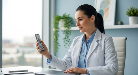 Doctor using smartphone for video call in modern office.