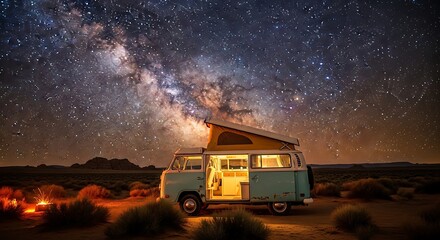 Vintage camper under celestial expanse evoking a sense of wanderlust and the magic of nomadic exploration