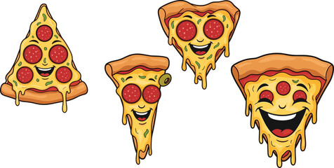 Funny cartoon pizza slices with melted cheese and pepperoni toppings, smiling happy faces, playful food characters for kids and menus.
