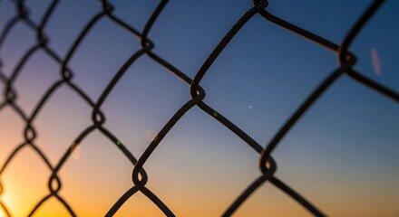 Fototapeta premium A close-up, selective focus shot of a chain-link fence silhouetted against a vibrant sunset sky.
