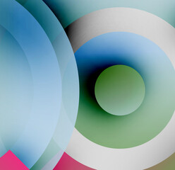 Abstract circles overlap, creating soft color gradients. Pink, green, blue, gray tones blend seamlessly. Minimalist design.