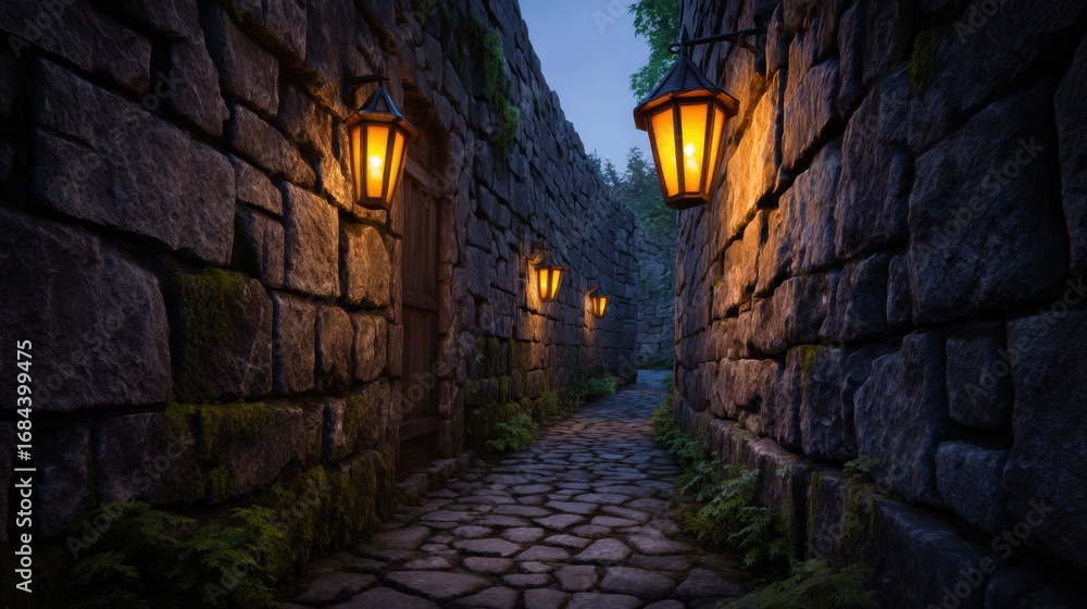Poster serene stone pathway illuminated by lanterns in a tranquil forest setting during twilight