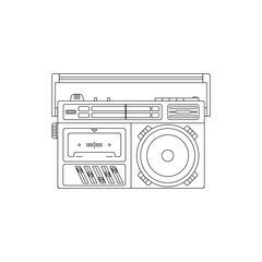 Outline vector illustration of 90s radio cassette recorder with mono speaker, clean minimal line design.