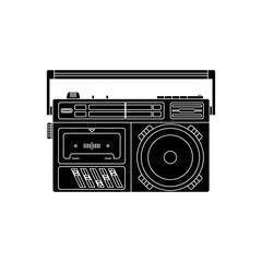 Black fill silhouette vector of 90s radio cassette recorder with mono speaker, retro music device design.