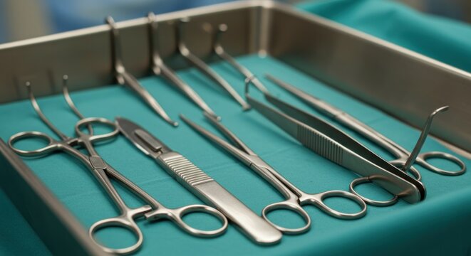 Surgical instruments laid out on a teal cloth in a metal tray