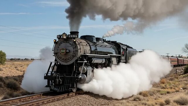 Vintage steam train chugging through desert landscape