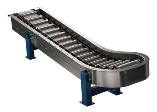 Industrial conveyor system with curved path isolated on a transparent background