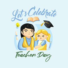 Teacher Day with Bright Cute Cartoon People, Stationery Element and Background