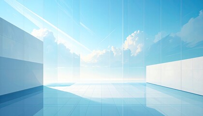 Minimalist Architectural Interior with Sky View, Reflective Surfaces, and Light