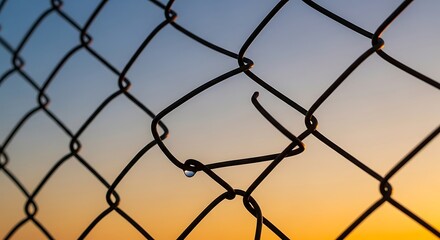 Fototapeta premium Close-up view of a chain-link fence against a colorful sunset sky.