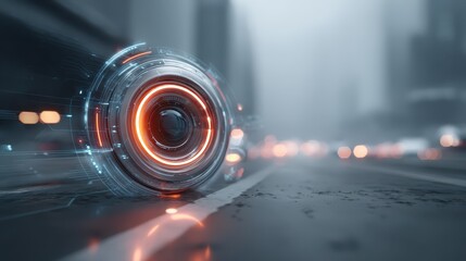 Futuristic Car Wheel with HUD on a City Street