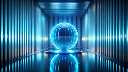 Futuristic glowing blue egg in a sci fi corridor