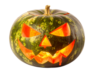  Watermelon Jack-o'-Lantern with Scary Expression and Dripping Juice, Top-Down Perspective, isolated on transparent background PNG