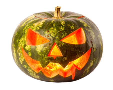 Watermelon Jack-o'-Lantern with Scary Expression and Dripping Juice, Top-Down Perspective, isolated on transparent background PNG