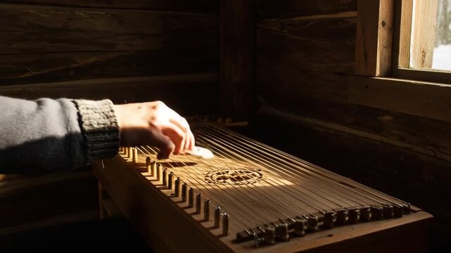 Person playing a dulcimer in a cozy cabin