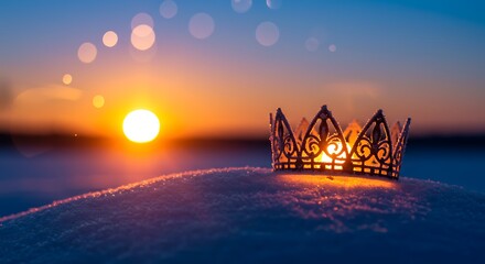 Ornate crown resting on snowdrift against vibrant sunset sky with bokeh winter royalty