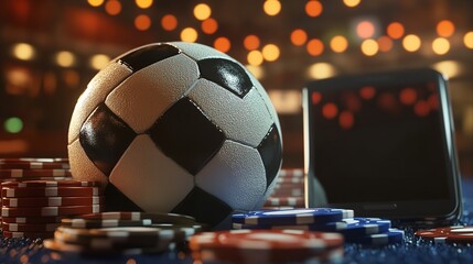 A football, mobile phone, casino chips, and coins on a dynamic background -