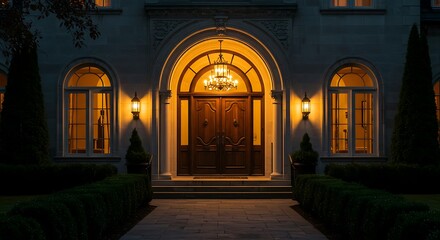 Obraz premium Ornate mansion entrance with arched doorway and illuminated windows at night image