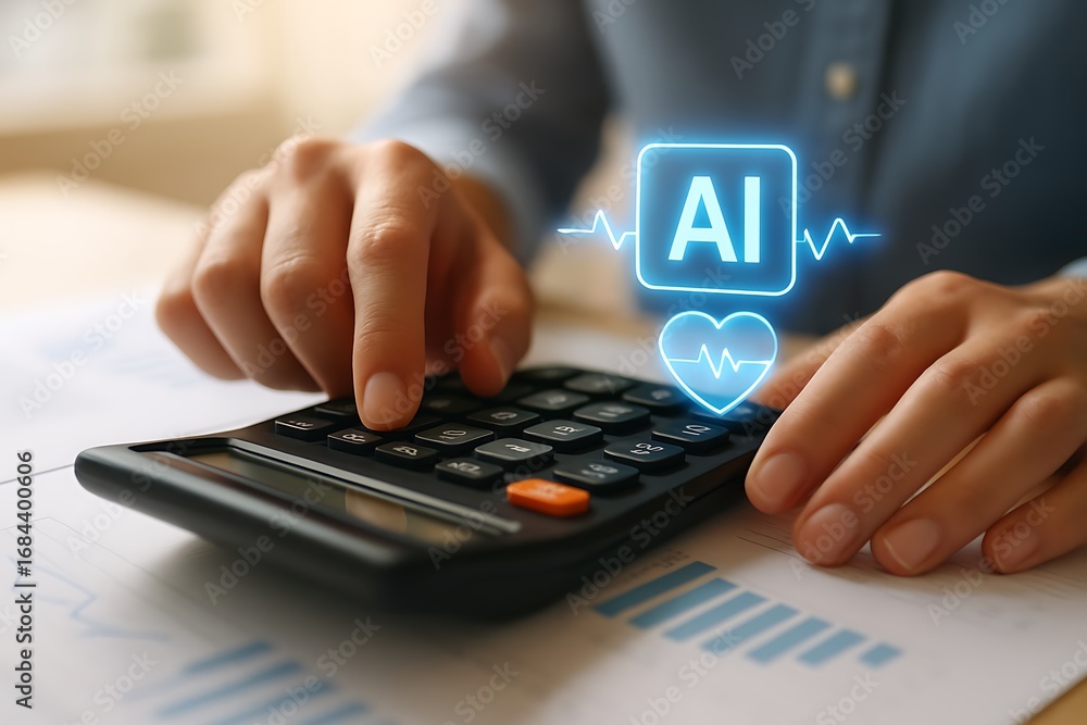 Poster calculating the impact of artificial intelligence on business using a calculator, with a graphic ove