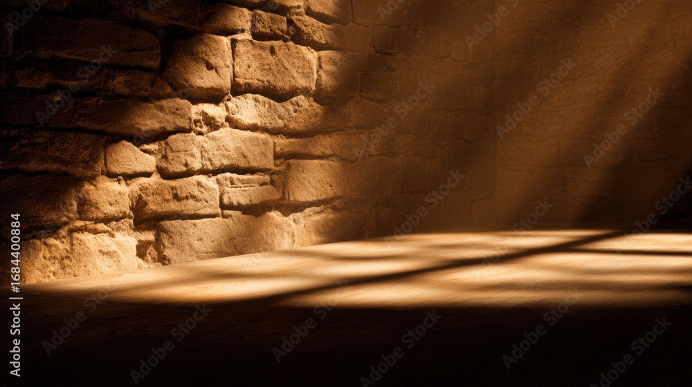 Aufkleber sunlight streaming through a stone wall, creating shadows on the floor in a rustic interior setting