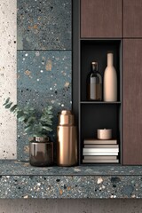 A modern kitchen countertop with teal and gray speckled concrete-like tiles, showcasing a dark wooden cabinet with decorative accents.