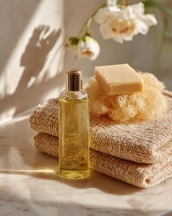 Natural bath products, soap, oil, and loofah on towels