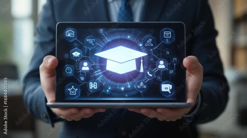 Aufkleber a person holds a tablet displaying a virtual graduation cap connected to communication and learning 
