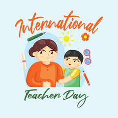 Teacher Day with Bright Cute Cartoon People, Stationery Element and Background