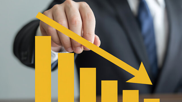 Business professional points to a downward trending bar graph indicating financial decline or economic recession