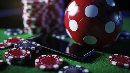 A football, mobile phone, casino chips, and coins on a dynamic background -