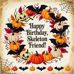 Halloween Birthday Card with Pumpkins, Bats, Autumn Leaves and Jack-O’-Lanterns, Festive "Happy Birthday Skeleton Friend" Design