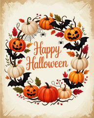 Vintage Halloween Wreath Illustration with Pumpkins, Jack-O’-Lanterns, Bats, Spiders, Autumn Leaves, and Happy Halloween Text