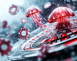 Surreal Casino Scene with Red Jellyfish and Water Droplets