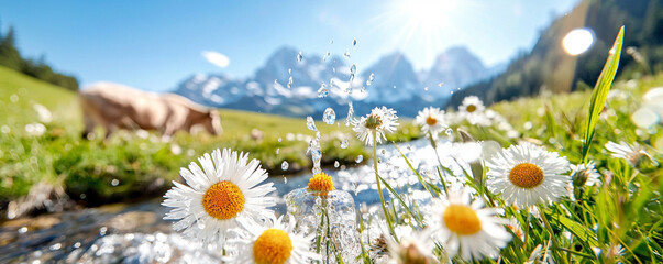 White Daisies by Mountain Stream on Sunny Day