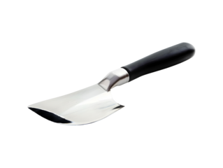 Sleek metal spatula with black handle isolated on transparent background for kitchen and cooking utensil concept
