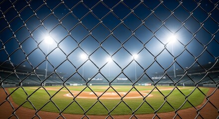 Chain link fence with a blurred baseball field and stadium lights.